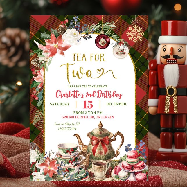 Christmas Gingham Tea For Two 2nd Birthday Invitation (Creator Uploaded)