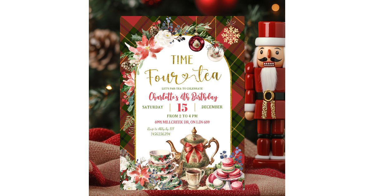 Time Four Tea Invitation Christmas Gingham Time Four Tea 4th Birthday Invitation | Zazzle