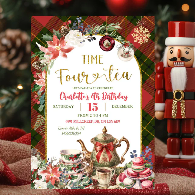 Time Four Tea Invitation Christmas Gingham Time Four Tea 4th Birthday Invitation | Zazzle