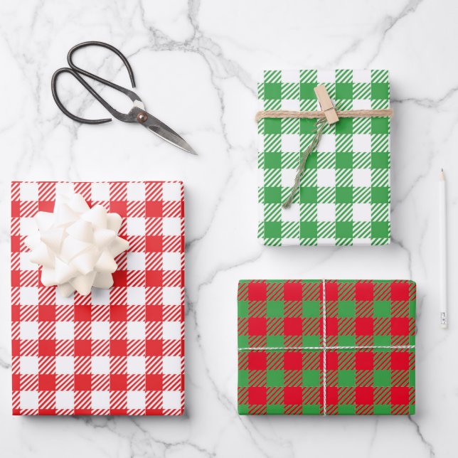 Christmas Gingham Trio Wrapping Paper Sheets (Front)