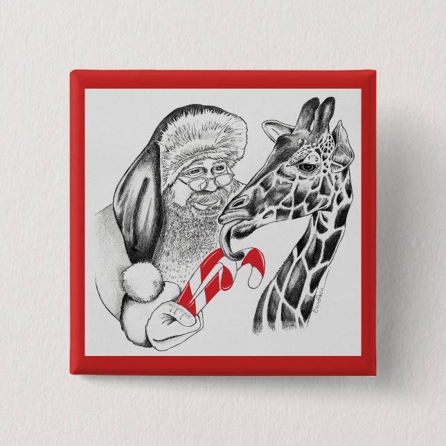 Christmas Giraffe and Santa Claus Button (Front)