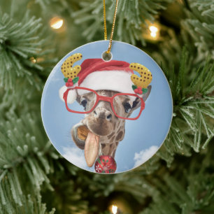 Christmas giraffe ceramic ornament