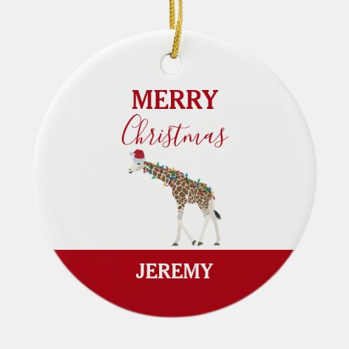 Christmas Giraffe Funny Animal with Santa Hat Card Ceramic Ornament