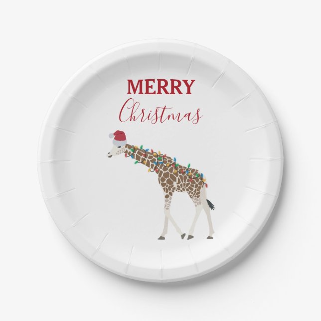Christmas Giraffe Funny Animal with Santa Hat Card Paper Plates (Front)