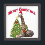 Christmas Giraffe Keepsake Box<br><div class="desc">Adorable Christmas Giraffe with his Santa Hat and decorated Christmas tree - he is placing the star on top of the tree</div>