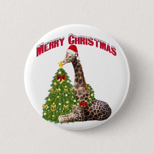 Christmas Giraffe Pinback Button (Front)