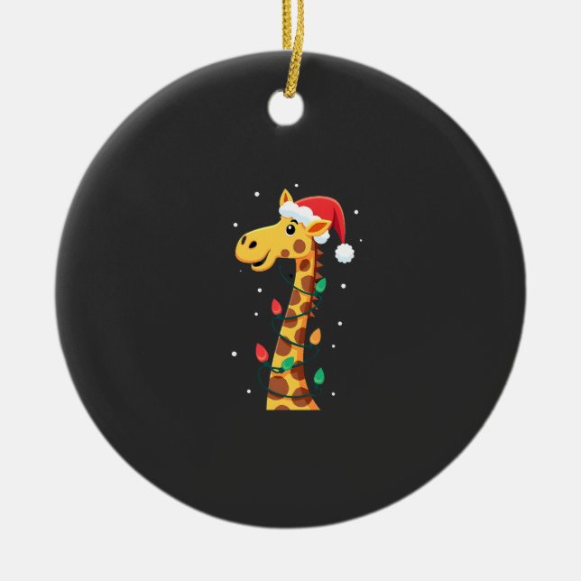 Christmas Giraffe Santa Hat Lights Giraffe Men Wom Ceramic Ornament (Front)