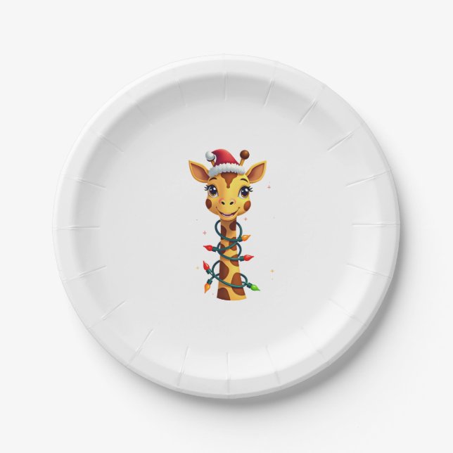 Christmas Giraffe Santa Hat Lights Giraffe Men Wom Paper Plates (Front)