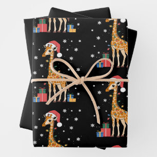 Christmas Giraffe Santa Hat Xmas Lights Snow Wrapping Paper Sheets
