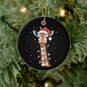 Christmas Giraffe Santa Hat Xmas Lights Snowflak Ceramic Ornament