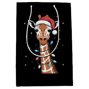 Christmas Giraffe Santa Hat Xmas Lights Snowflak Medium Gift Bag