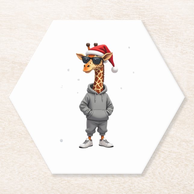 Christmas Giraffe Santa Long Sleeve T-Shirt (1) Paper Coaster (Front)