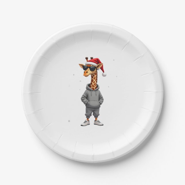 Christmas Giraffe Santa Long Sleeve T-Shirt (1) Paper Plates (Front)