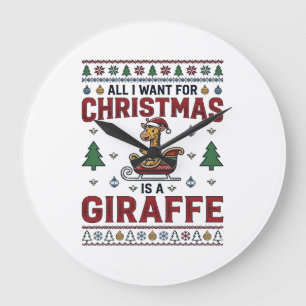 Christmas Giraffe Sleigh Funny Holiday T-Shirt Des Large Clock