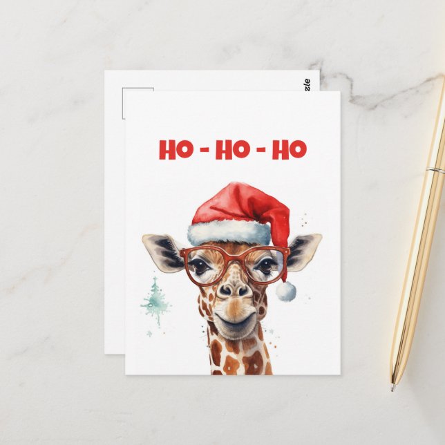 Christmas Giraffe Watercolor Postcard (Front/Back In Situ)