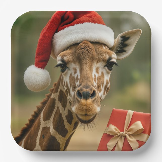 Christmas Giraffe With Holiday Gift Paper Plates (Front)