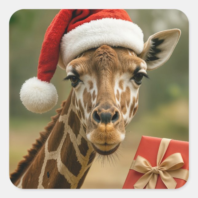 Christmas Giraffe With Holiday Gift Square Sticker (Front)