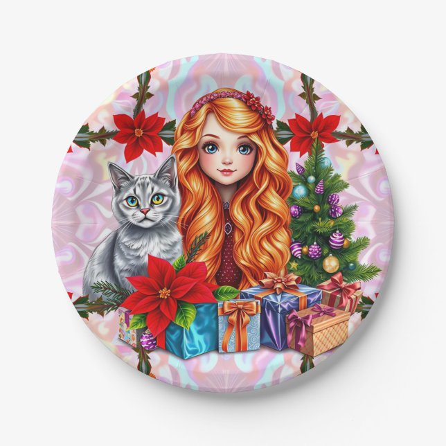 CHRISTMAS GIRL AND CAT ~ Pretty  Paper Plates (Front)
