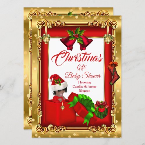 Christmas Girl Boy Baby Shower Red Gold Gift Box A Invitation