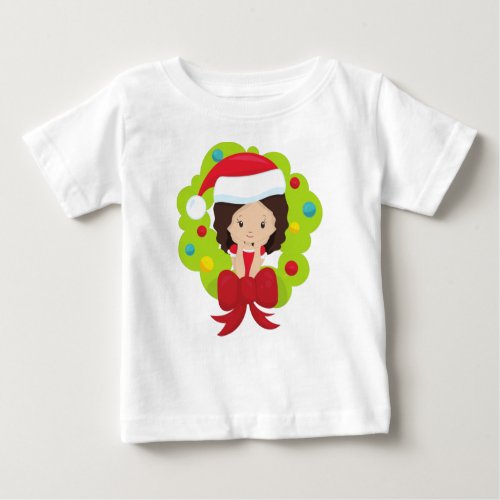 Christmas Girl Brown Hair Christmas Wreath Baby T_Shirt