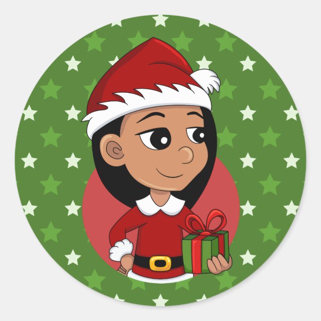 Christmas girl cartoon classic round sticker (Front)
