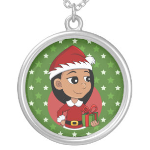Christmas girl cartoon silver plated necklace