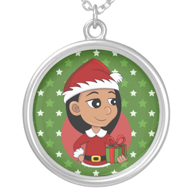 Christmas girl cartoon silver plated necklace (Front)