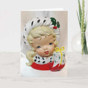 Christmas Girl Child Head Vase Present Holly Cute Card