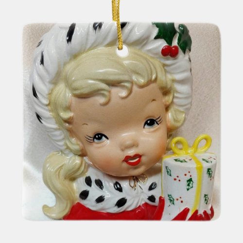 Christmas Girl Child Head Vase Present Holly Cute  Ceramic Ornament