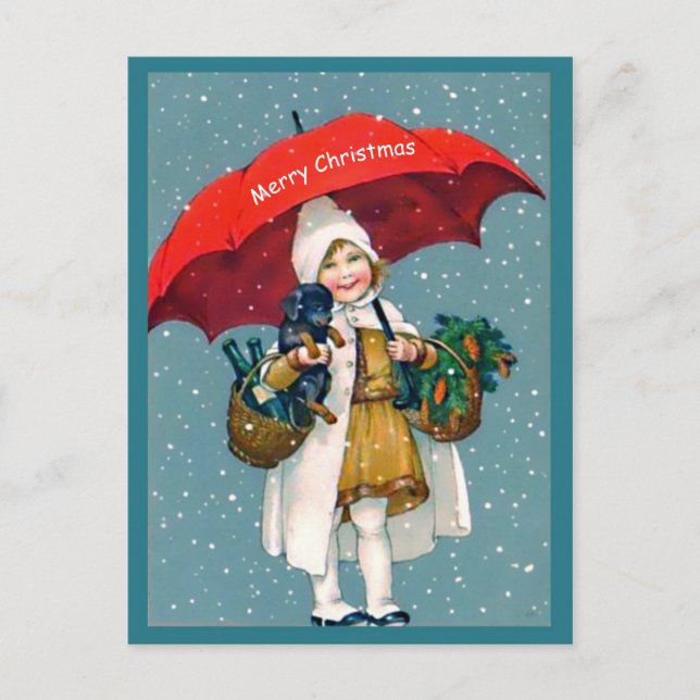 Christmas Girl, Dachshund Puppy, Red Umbrella Postcard (Front)