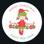 Christmas girl Elf Classic Round Sticker<br><div class="desc">Joyful Girl Elv wish you Merry Christmas and Happy New Year</div>