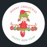 Christmas girl Elf Classic Round Sticker<br><div class="desc">Joyful Girl Elv wish you Merry Christmas and Happy New Year</div>