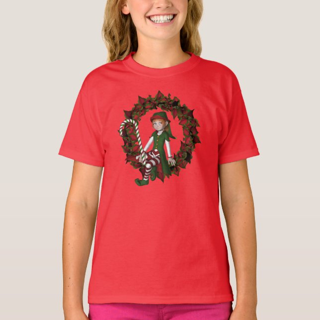 Christmas Girl Elf On Wreath Cute Holiday T-Shirt (Front)