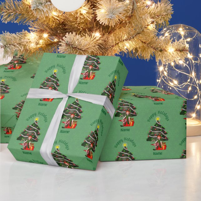 Christmas Girl Elf Tree Present Cute Personalized Wrapping Paper (Holidays)