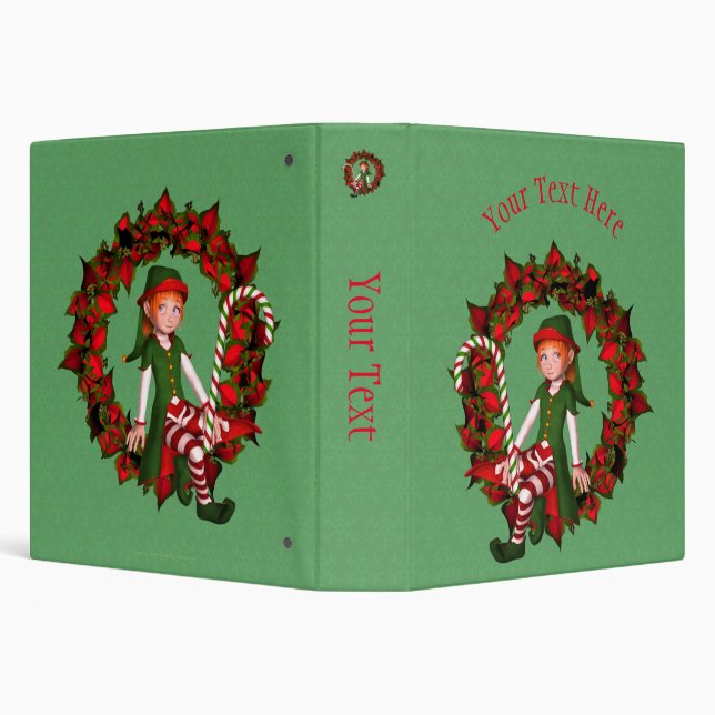 Christmas Girl Elf Wreath Holiday Personalized 3 Ring Binder (Background)