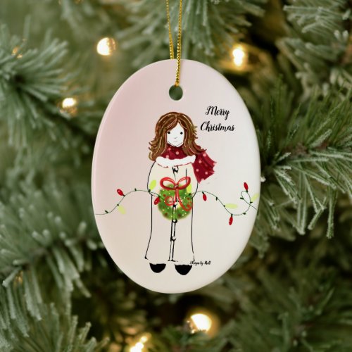 Christmas Girl Holding Wreath and Lights Ceramic Ornament