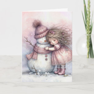 Christmas Girl Hugging a Snowman Card