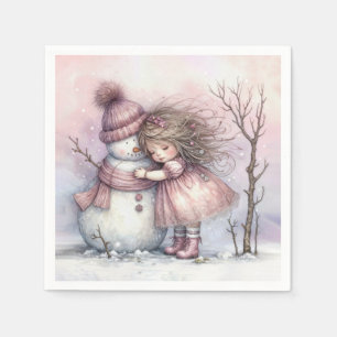 Christmas Girl Hugging a Snowman Napkins