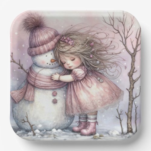 Christmas Girl Hugging a Snowman Paper Plates