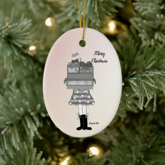 Christmas Girl in Black and White Ceramic Ornament