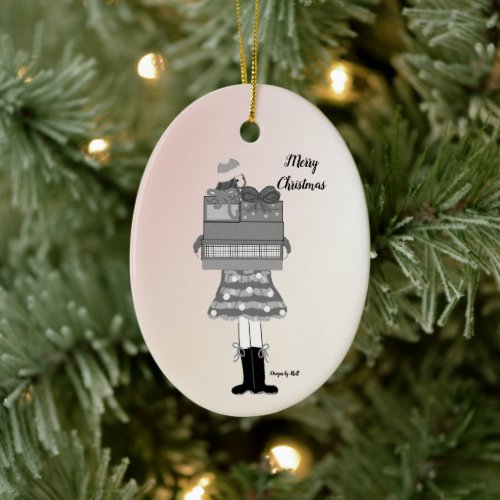 Christmas Girl in Black and White Ceramic Ornament