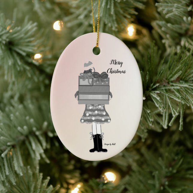 Christmas Girl in Black and White Ceramic Ornament (Tree)