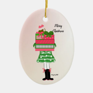 Christmas Girl Laden With Packages Ceramic Ornament