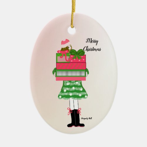 Christmas Girl Laden With Packages Ceramic Ornament