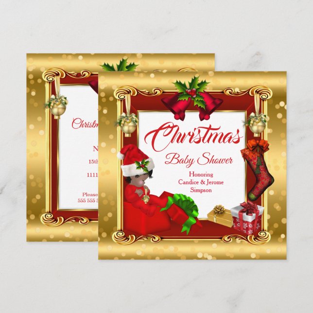 Christmas Girl or Boy Baby Shower Red Gold Box AA Invitation (Front/Back)