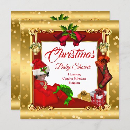 Christmas Girl or Boy Baby Shower Red Gold Box AA Invitation