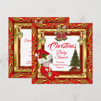 Christmas Girl or Boy Baby Shower Red Gold Invitation
