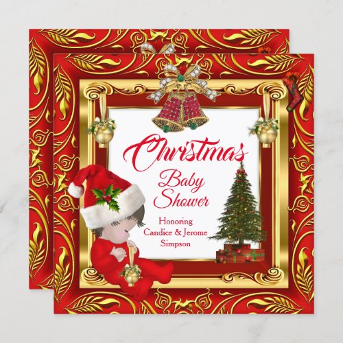 Christmas Girl or Boy Baby Shower Red Gold  Invitation