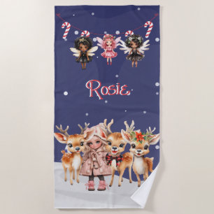Christmas Girl Reindeer Candy Cane Fairies Beach Towel