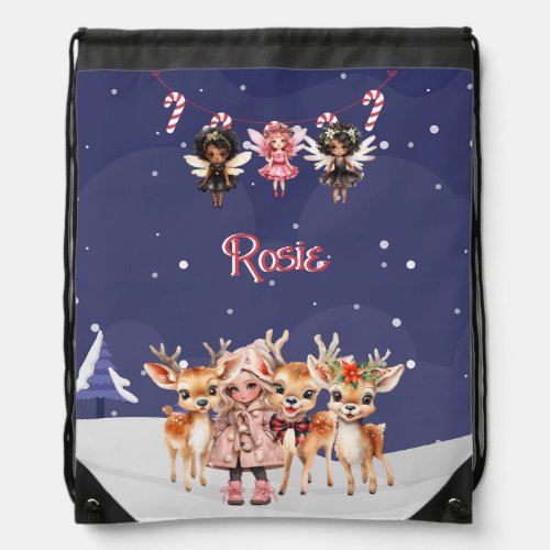 Christmas Girl Reindeer Candy Cane Fairies Drawstring Bag